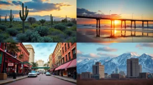 A scenic blend of top U.S. November destinations: golden autumn trees in the Blue Ridge Mountains, a sunny California coastline, and a lively New Orleans street with soft evening light. Balanced natural lighting, cozy and inviting fall atmosphere, with vibrant seasonal colors like orange, red, and gold.