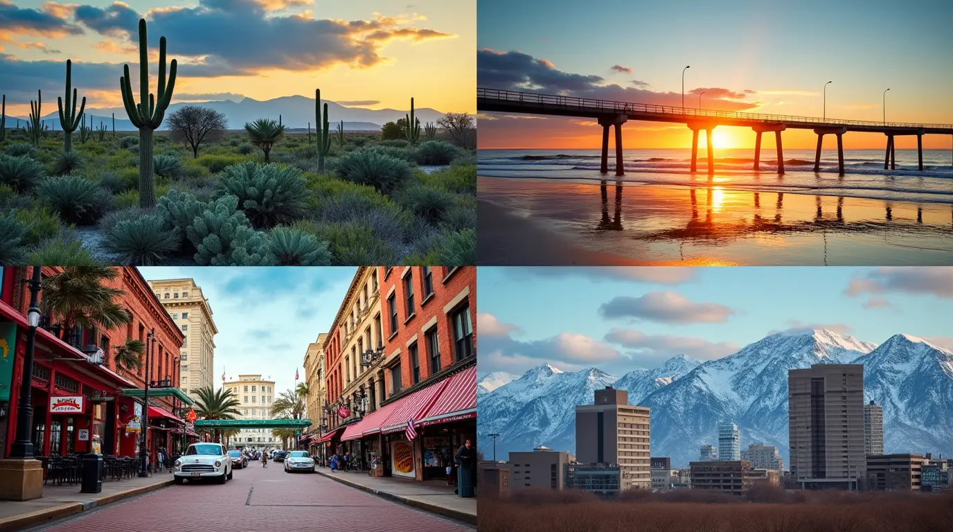 A scenic blend of top U.S. November destinations: golden autumn trees in the Blue Ridge Mountains, a sunny California coastline, and a lively New Orleans street with soft evening light. Balanced natural lighting, cozy and inviting fall atmosphere, with vibrant seasonal colors like orange, red, and gold.